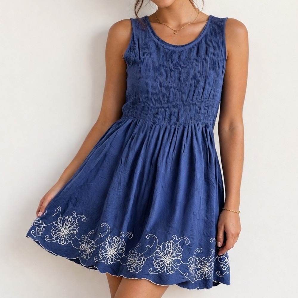 Smocked Mini Dress Sz M Embroidered Scalloped Hem Cottagecore Peasant Coastal